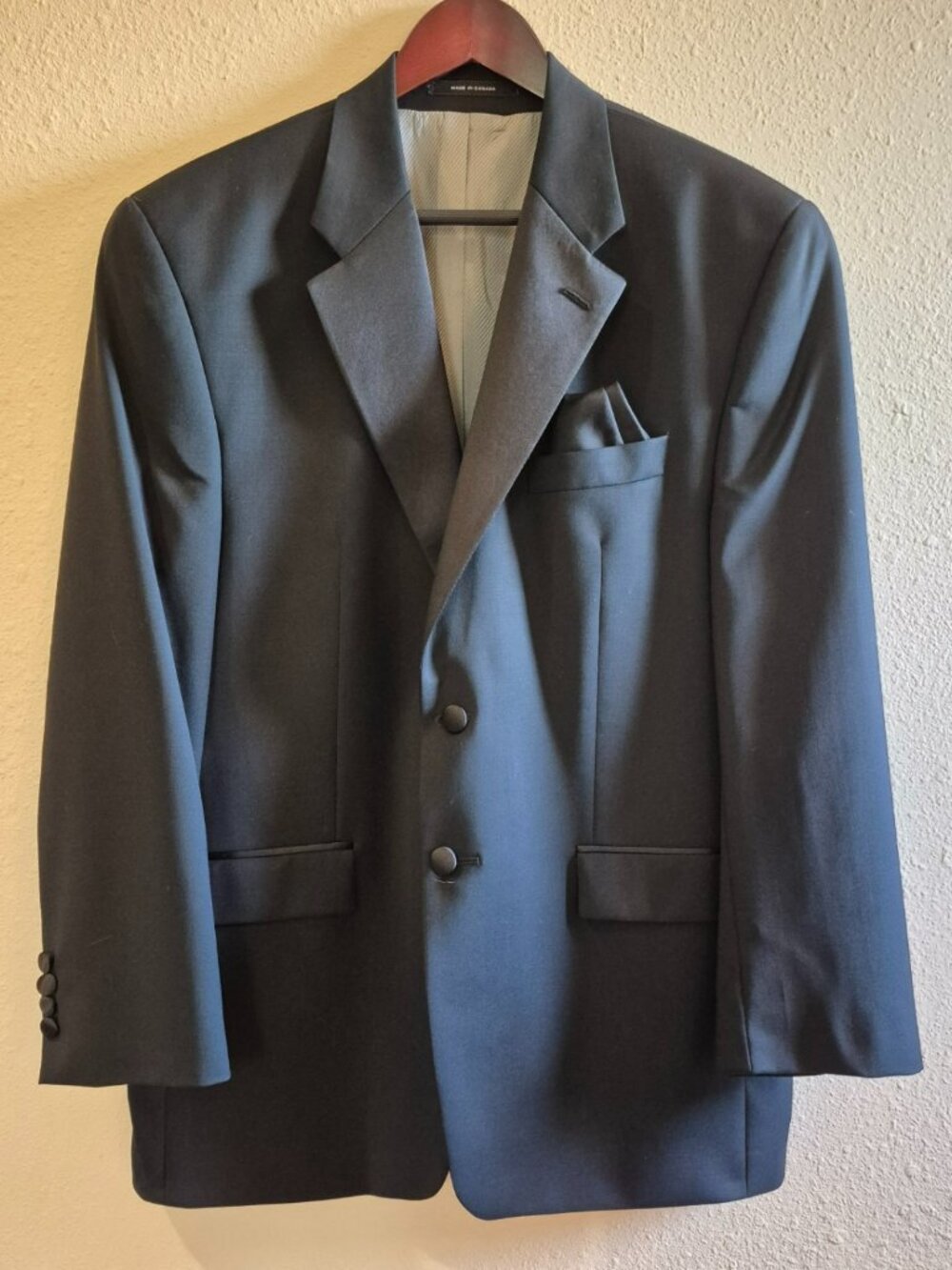 Calvin Klein Black Wool Tuxedo Suit with Pants, Jacket & Suspenders